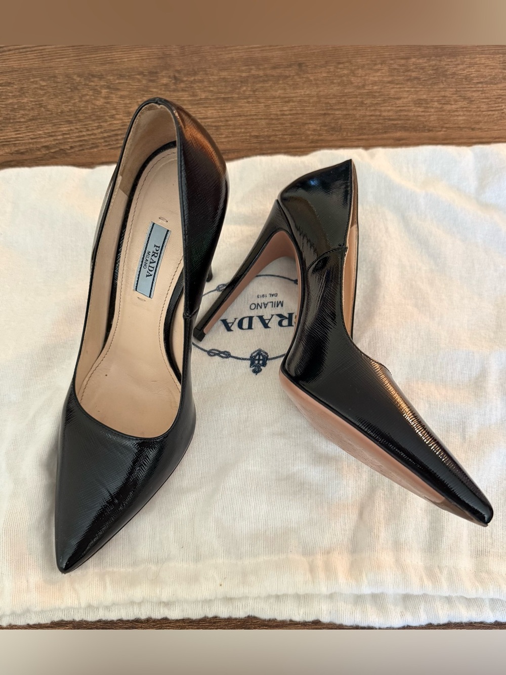Prada Black Patent Saffiano Leather Pointed-Toe Stiletto Pumps